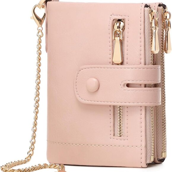 Small Leather Wallet for Women RFID Bifold with Removable Wristlet Pink - Picture 1 of 7